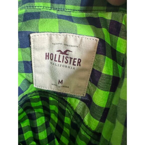 Hollister Womens Blouse Sz M Lime Green Blue Check Long Sleeve Button Up Cotton - Picture 8 of 9